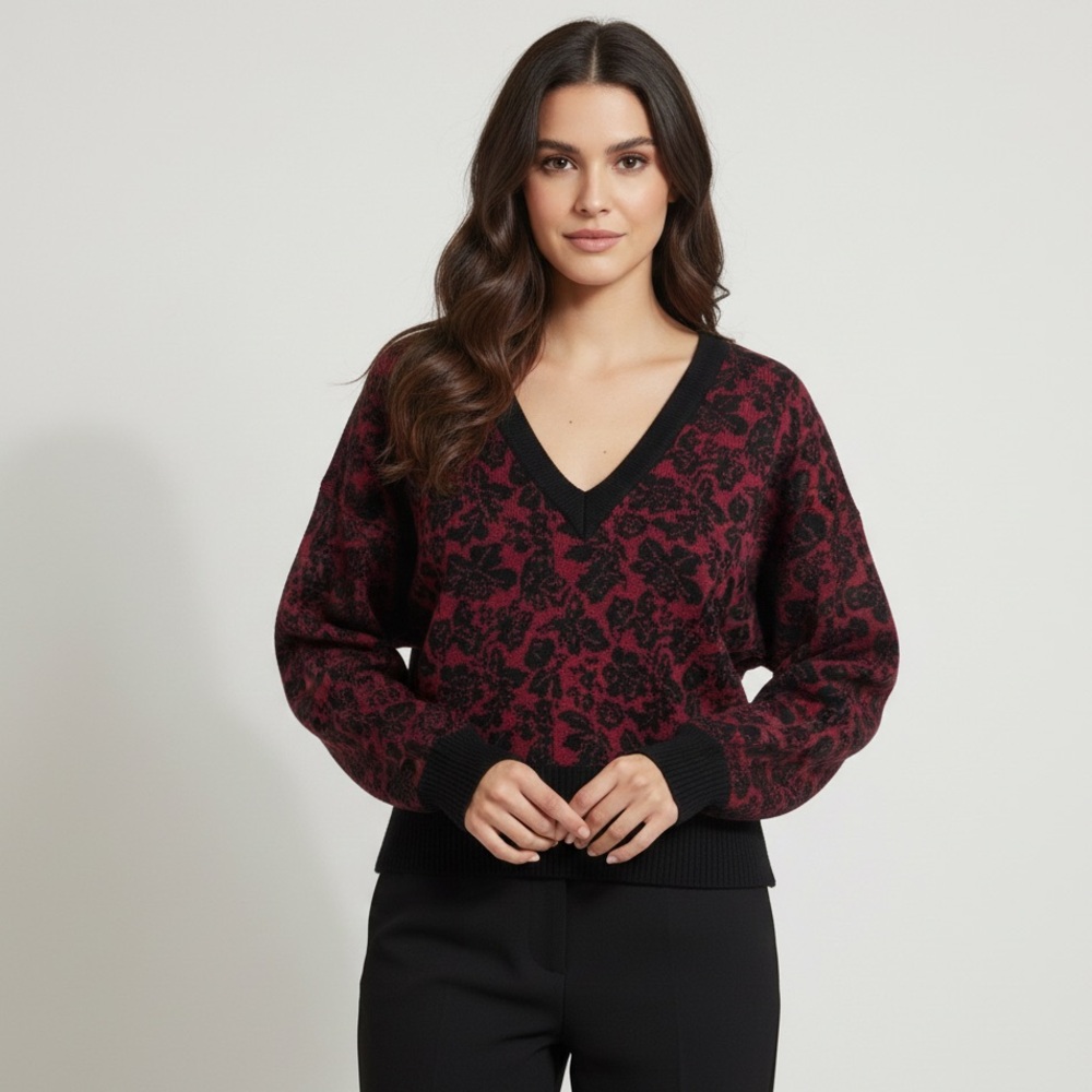 Anne Klein Black‎ and Red Floral V-Neck Sweater Vintage